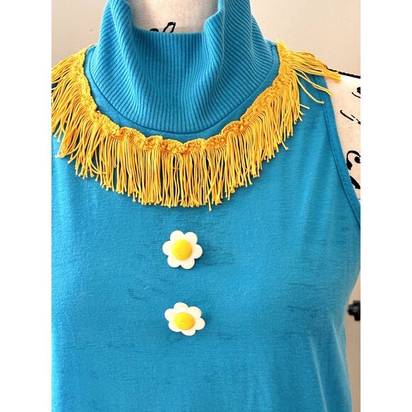 VINTAGE Turquoise Mod Mini Dress GoGo Fringe Daisy Cute Size S 1960's 70's - Picture 3 of 6